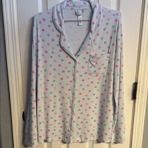 Skims valentine Light Blue Heart Print Pajama Top long sleeve top only. NWOT